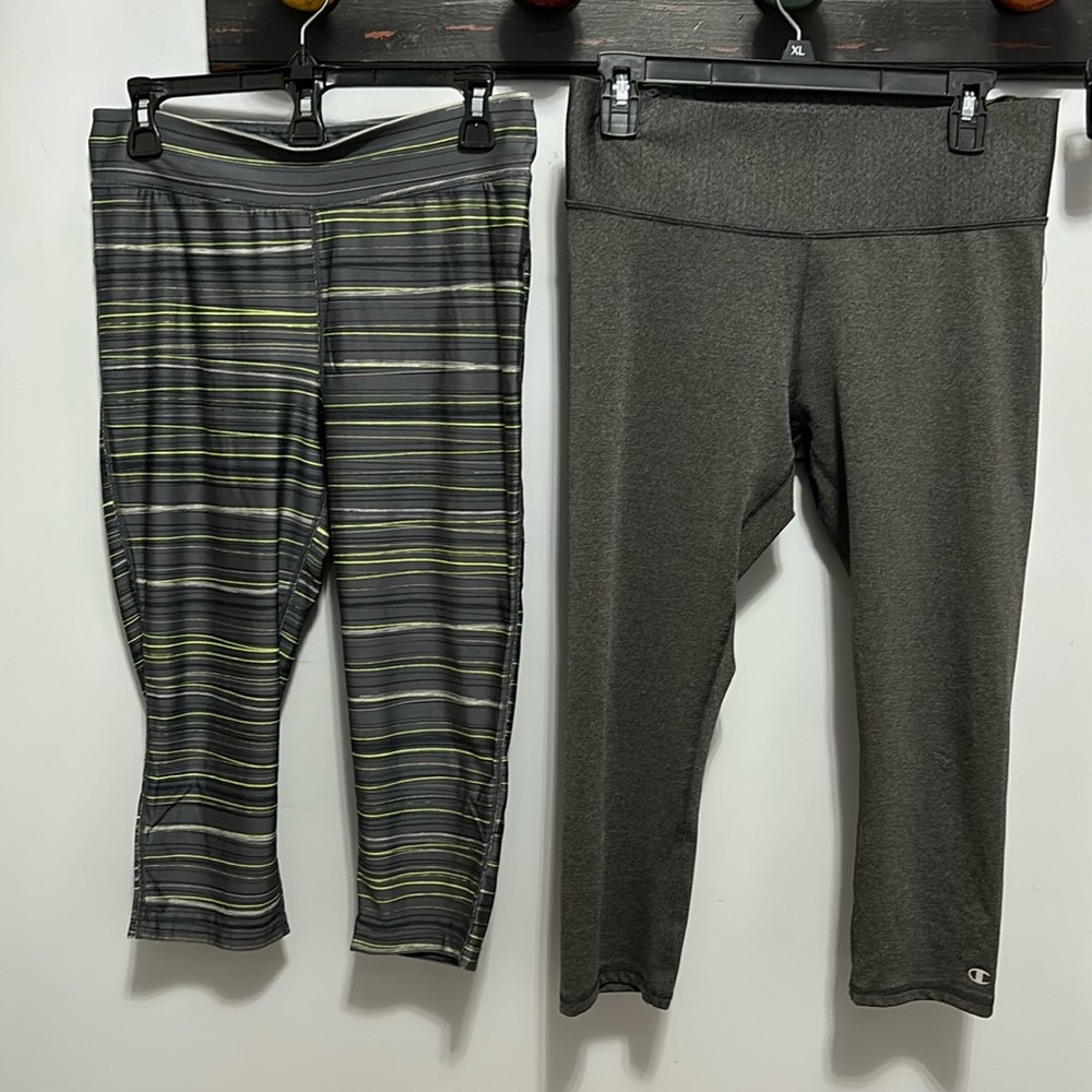 2 women’s workout capris. Hind stripped medium Champion gray power flex large